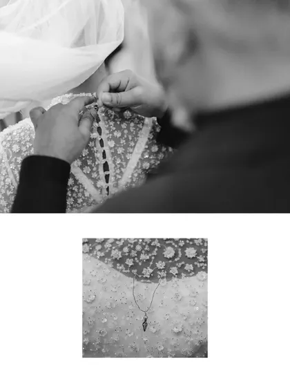 A collage showing the groom helping to button the back of the bride's dress and a close-up of her necklace. These intimate details highlight their connection and the beauty of her attire.