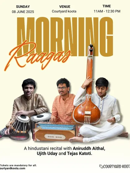 An announcement poster for our "Morning Raagas" event in June. We regularly host classical music concerts that attract connoisseurs and new listeners alike, making it a key part of our monthly calendar.