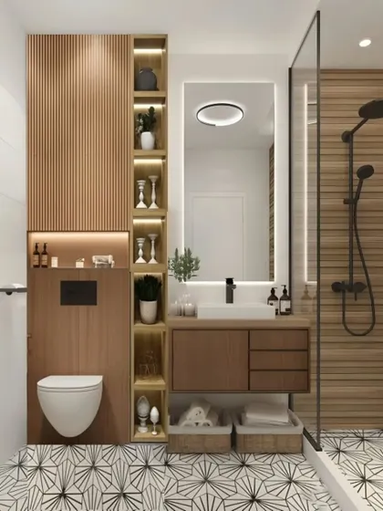This compact bathroom design cleverly integrates storage around the toilet. The combination of wood textures and a patterned floor tile adds visual interest.