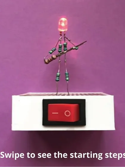 A finished LED "hoomin" sculpture, glowing proudly. These little figures are a great way to learn soldering and understand how resistors work in a simple circuit.