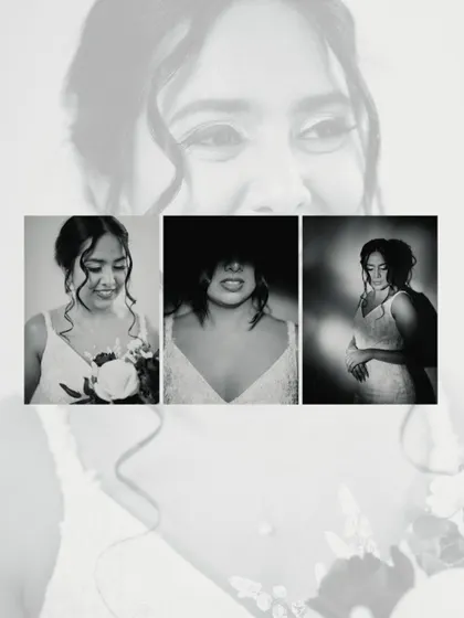 A collage of artistic, moody bridal portraits in black and white. These shots showcase a different, more introspective side of the bridal experience.