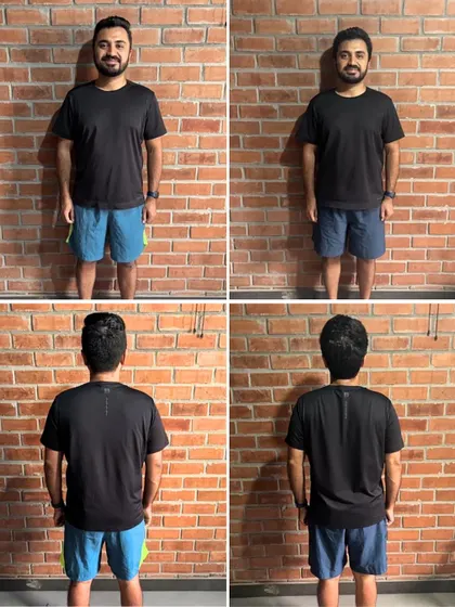 The front and back views of Tejas's transformation highlight the sustainable habits he built, leading to a leaner and more confident look.