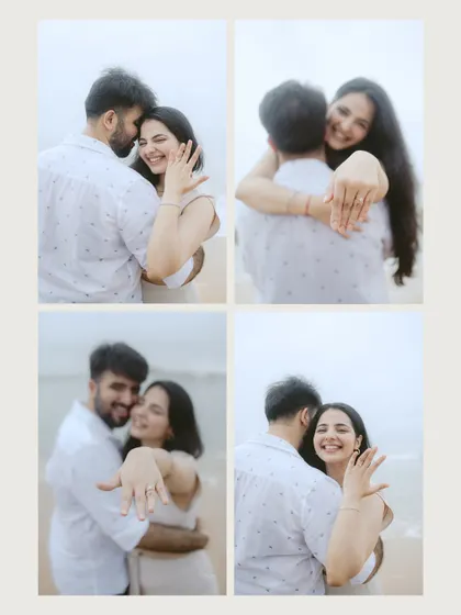 A collage from a pre-wedding shoot in Goa, where the couple happily shows off the engagement ring.
