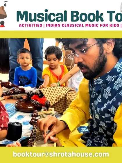 A musician demonstrates the intricate details of the Surbahar to a group of fascinated children. We bring in professional artists to give kids an authentic musical experience.