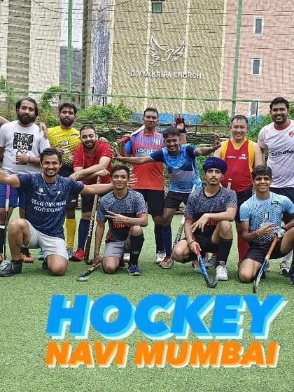 The team comes together for a fun group photo after a game. The energy and spirit of Hockey Navi Mumbai are captured in this single shot.