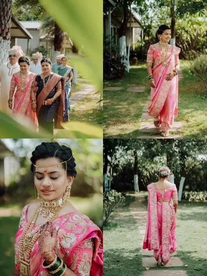A collage of a beautiful Maharashtrian bride's entrance, showcasing her stunning pink Paithani saree and traditional jewelry.