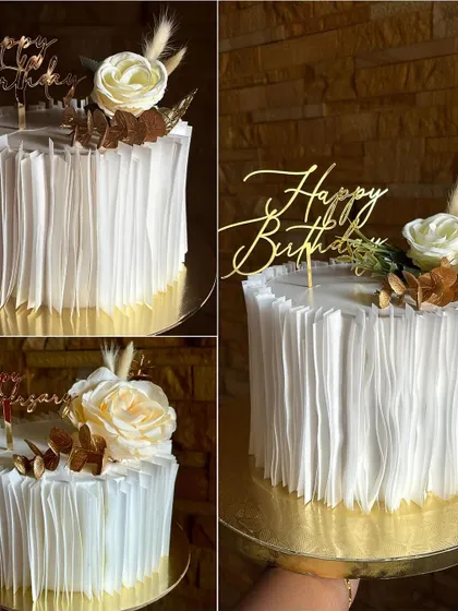 A collage showing different angles of our wafer paper ruffle cakes. The combination of white and gold is timeless and chic.
