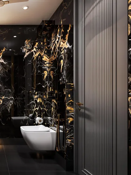 This shot highlights the fluted door and the seamless continuation of the dramatic marble, showcasing a cohesive and bold design.