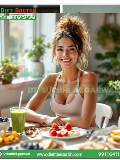 A healthy breakfast sets the tone for the entire day. This image of a vibrant, happy woman enjoying a nutritious start with fruits and a green smoothie embodies the positive energy that good food provides.