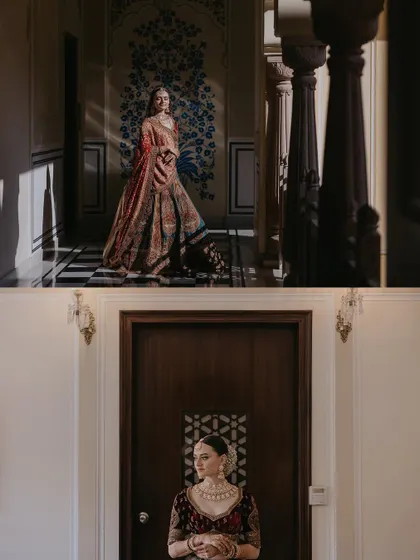 A collage showing the bride in different settings, from a sunlit corridor to a quiet moment indoors. This showcases my ability to find beautiful portrait locations anywhere.