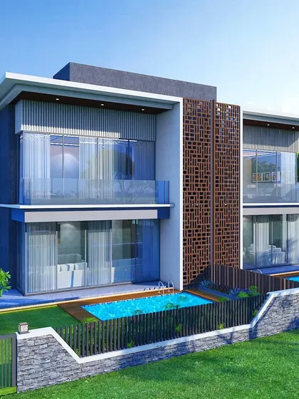 A render of the twin villas at La-Sierra in Lonavala. The design features modern aesthetics with clean lines, glass balconies, and a decorative 'jali' screen that adds a touch of privacy and traditional craftsmanship.