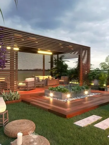 This terrace design concept shows how we combine natural elements like wooden decking and pergolas with soft lighting and diverse plant life. The goal is to create a luxurious and inviting outdoor living room perfect for relaxation or entertaining.
