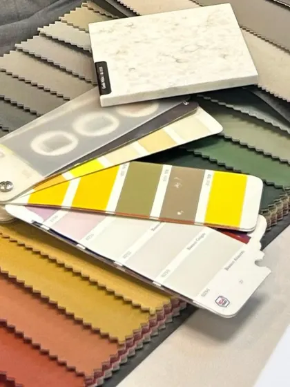 A curated gallery of materials I work with, including wood veneers, fabric swatches, tile arrangements, and different types of glass. These images highlight my focus on texture, quality, and the small details that make a big impact.