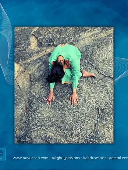 A moment of surrender in a forward fold, connecting with the grounding energy of the earth. This shape helps to release the entire back line of the body, from the heels to the neck.