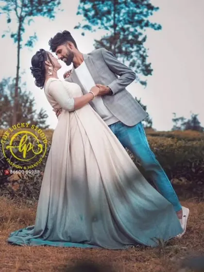 A duplicate of image 61, showing a romantic dip pose in a tea garden. I provided this unique ombre gown and styled the groom in a casual blazer and jeans.