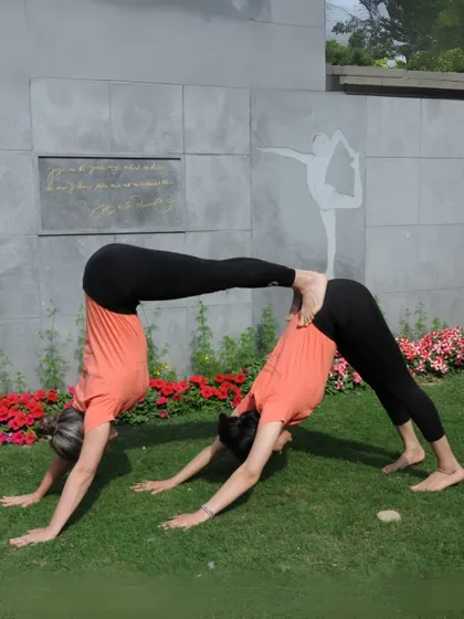 A partner yoga pose celebrating connection and trust on Women's Day. This shows the supportive and collaborative spirit of our community.