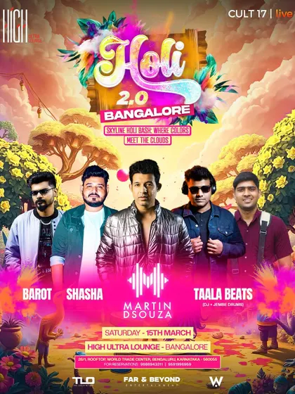 The full lineup poster for Holi 2.0, featuring Martin Dsouza, Shasha, and more. We bring together a diverse mix of popular local DJs to keep the energy high all day.