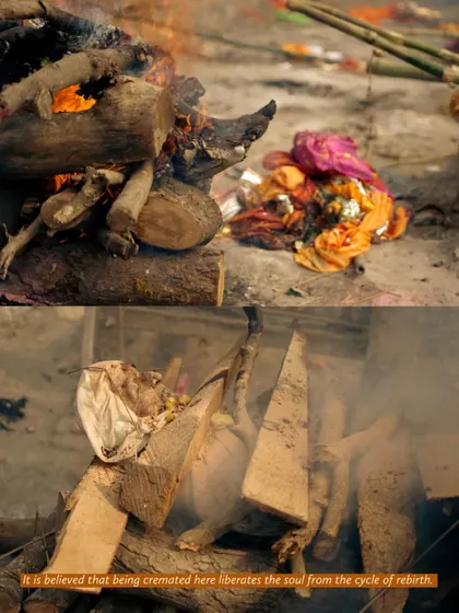 This series of images with text overlays explains the beliefs surrounding Manikarnika Ghat. They detail the path to liberation (moksha), the eternal flames, and Lord Shiva's role in guiding souls.