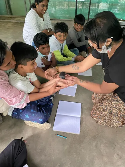 A group of children gathers to gently hold a small animal. Shared experiences like this build community and create lasting memories, all while learning about animal care and biology.