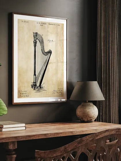 A vintage patent illustration of a harp from 1890. This print is perfect for music lovers and fans of vintage design, adding a touch of historical elegance and intellectual curiosity to a study or music room.
