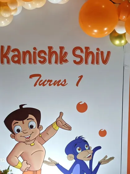 The custom backdrop for the Chota Bheem first birthday party.