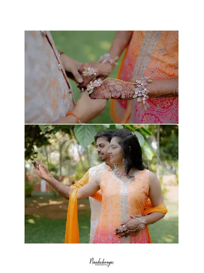 A diptych focusing on a detail of the floral bracelets and a candid couple portrait. It shows my ability to capture both the small details and the bigger picture.