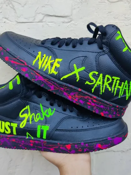 I also added some custom graffiti-style text for a personalized touch on the neon splatter pair.