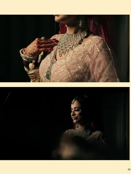 A creative collage focusing on the details of the bride's attire and her serene expressions, using dark, moody lighting.