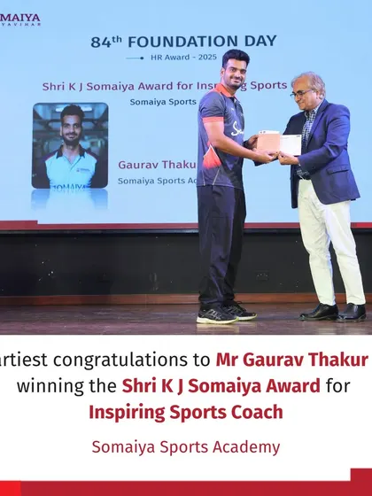 We celebrate the success of our staff, like Mr. Gaurav Thakur, who received the Shri K J Somaiya Award for Inspiring Sports Coach. This recognition reflects our commitment to nurturing coaching talent that inspires the next generation of athletes.
