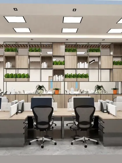 Detail shot of the workstation setup for our Bengaluru project. The design includes integrated storage and a motivational quote on the wall, creating a space that is both functional and inspiring for employees.