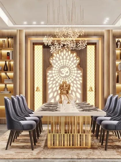 A grand and serene dining area that incorporates a beautifully detailed mandir. The 3D render focuses on the intricate jali work, the backlighting, and the luxurious materials used for the sacred space.