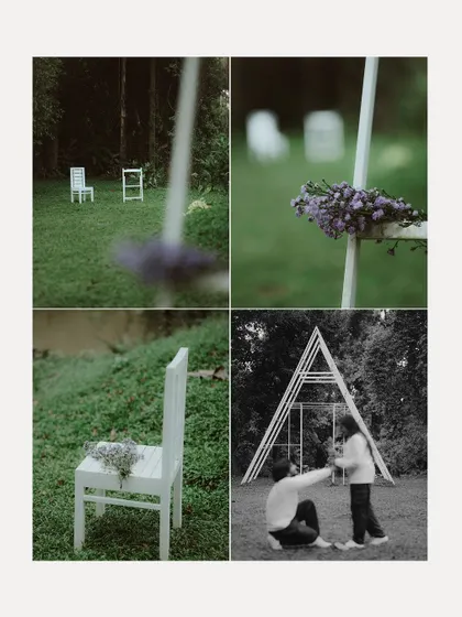 The simple, elegant props for a pre-wedding shoot, including white chairs and a triangular arch, show how details can create a beautiful scene.