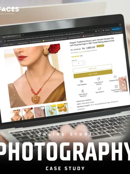 A product detail page for a temple jewellery set is shown on the laptop, complete with pricing and add-to-cart buttons.