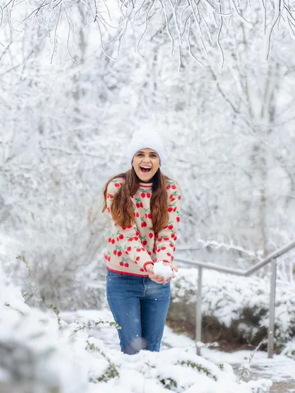 The pure joy of the first snowfall! My partner, who is my biggest supporter, having fun during our impromptu snow photoshoot.