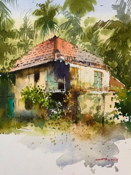 An old house surrounded by dense foliage, painted in watercolor. This piece was a study in capturing complex textures and varied greens.