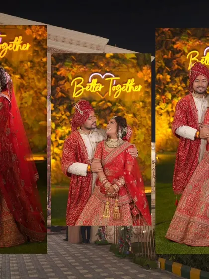 A collage of the couple posing in front of a 'Better Together' neon sign. It showcases their coordinated red outfits and the joyful, celebratory atmosphere of their wedding night.