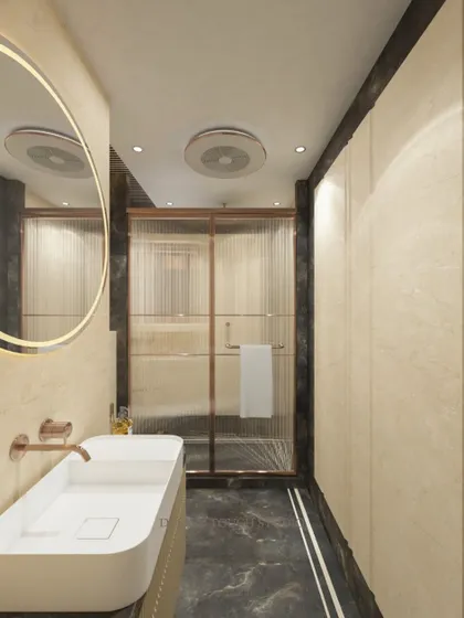 This render highlights the ribbed glass shower partition and the wall-mounted rose-gold faucet.