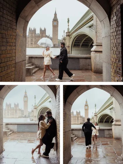This collage tells a story of a romantic, rainy day in London. It combines a wide shot of the couple walking hand-in-hand with closer, more intimate moments, all framed by the beautiful architecture near Westminster Bridge.