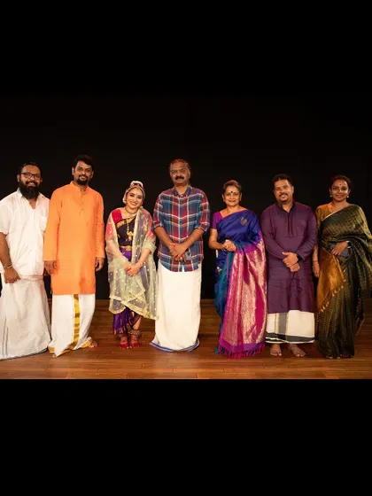 My student Meera Krishna with her ensemble and our chief guest after her recital in Edappally. A successful performance is always a team effort.