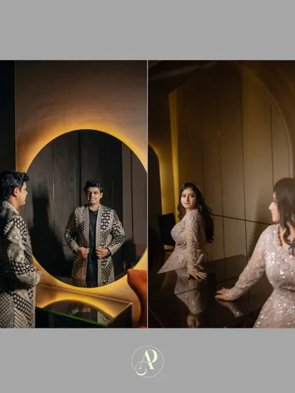 A creative diptych showing the couple getting ready. The groom adjusts his attire in a circular mirror, while the bride glances back, creating a sense of shared anticipation.