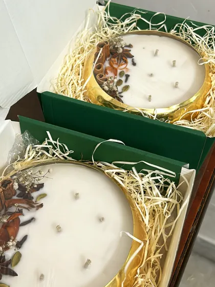 Two of my premium urli candles, packed and ready for a corporate Diwali gift order. They come in a sturdy, elegant box.