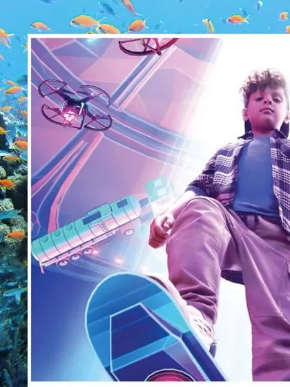 A futuristic campaign for Titan Zoop watches. The styling is simple, with a plaid shirt and casual pants, making the young model a relatable hero in a fantastical world and drawing attention to the watch he's wearing.