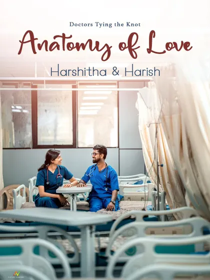 A poster-style image for a doctor couple's pre-wedding shoot, titled "Anatomy of Love," set in a hospital ward.