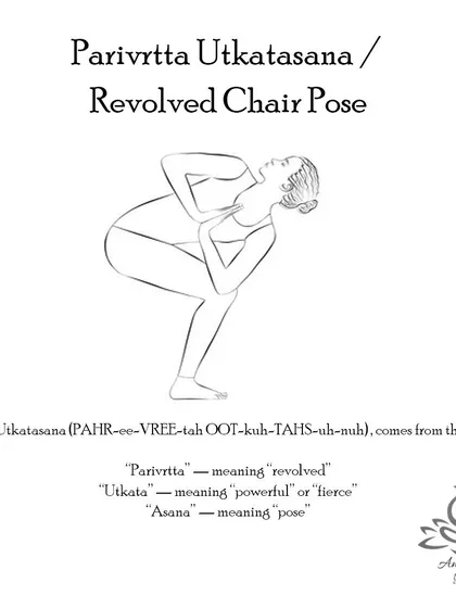 Parivrtta Utkatasana (Revolved Chair Pose) strengthens the back, increases spinal flexibility, and helps with detoxification by toning internal organs.