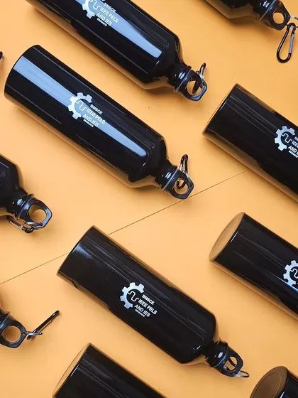 A batch of custom-engraved black aluminum bottles we prepared for an event at BMS College of Engineering.