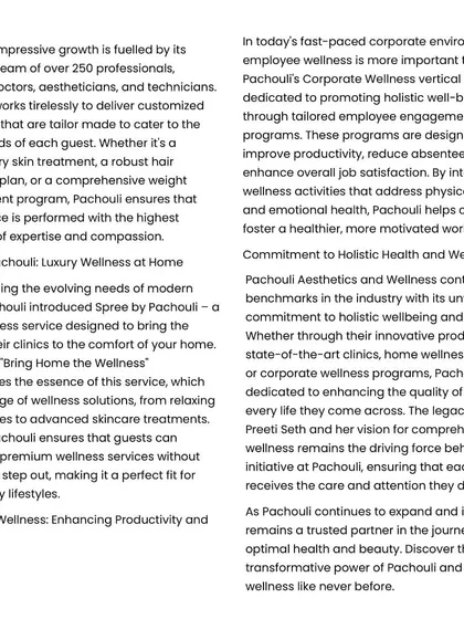 A look at a news article highlighting our commitment to holistic health, corporate wellness programs, and our luxury at-home service, Spree by Pachouli.