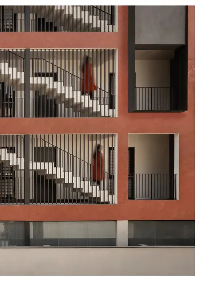 A detail of the facade showing the rhythmic pattern of the staircase screens. The vertical fins provide privacy and diffuse light, creating a dynamic interplay of light and shadow across the building's exterior.