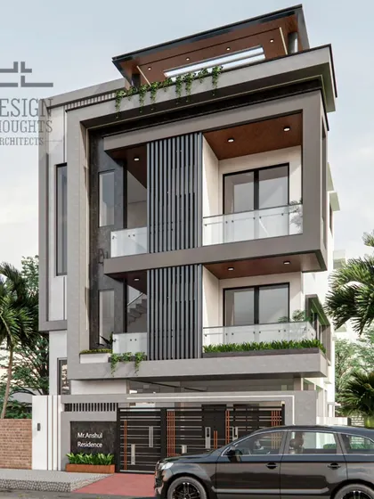 The clean architectural lines and sleek facade define this contemporary elevation. The design is north-facing and Vastu compliant, optimized for natural light and ventilation.