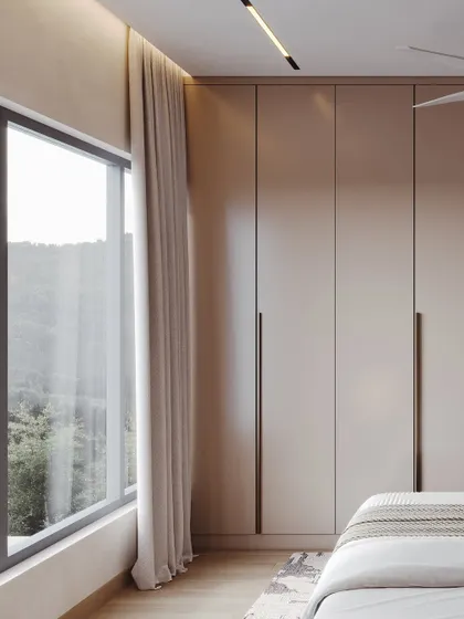 A minimalist bedroom visualization, focusing on clean lines and a calm, neutral color scheme. The large window and simple wardrobe design create a sense of spaciousness.
