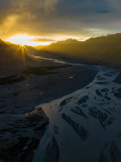 A golden sunset over a braided river in Ladakh. I shoot in D-Log to capture the maximum dynamic range, allowing me to bring out these incredible colors during post-production.